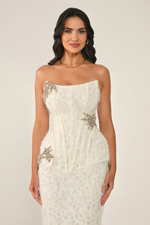 Strapless Beaded Feather Sequin Long Dress