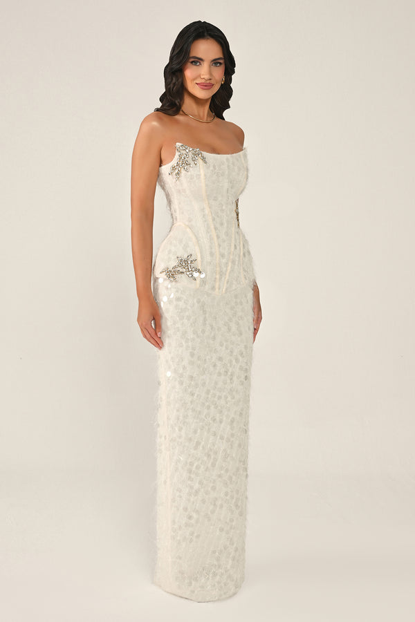 Strapless Beaded Feather Sequin Long Dress