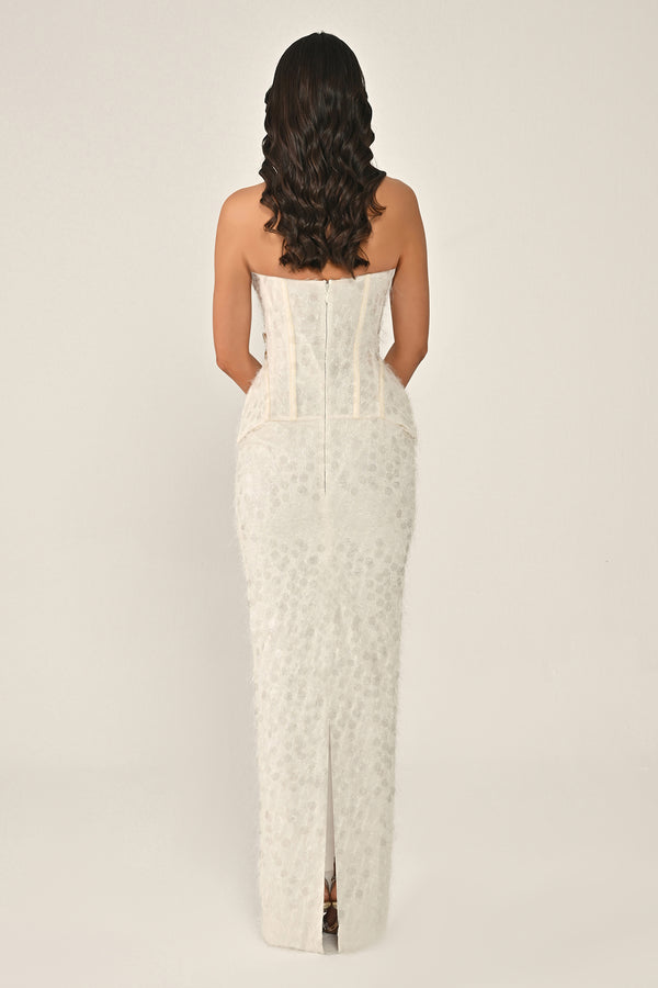 Strapless Beaded Feather Sequin Long Dress