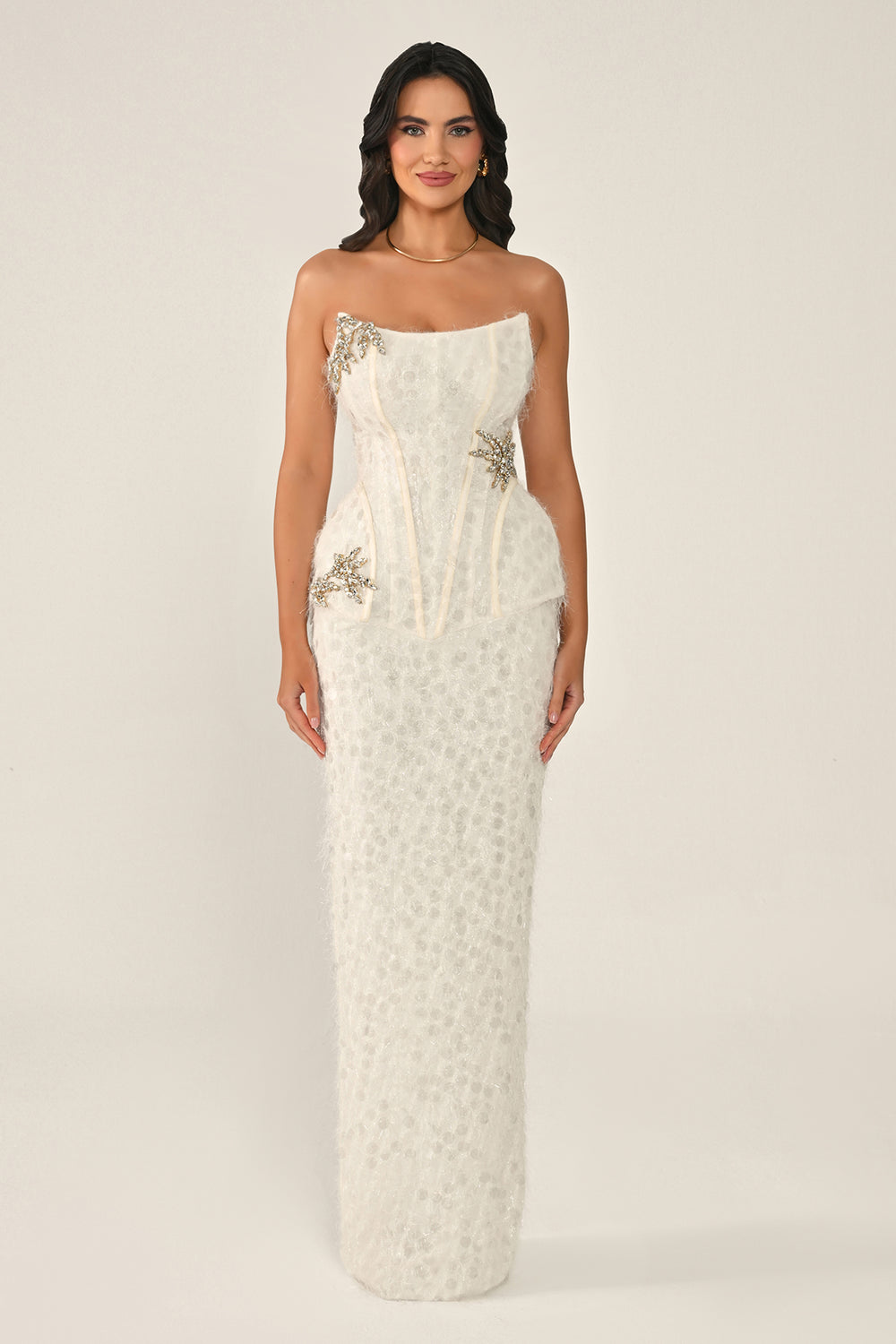 Strapless Beaded Feather Sequin Long Dress