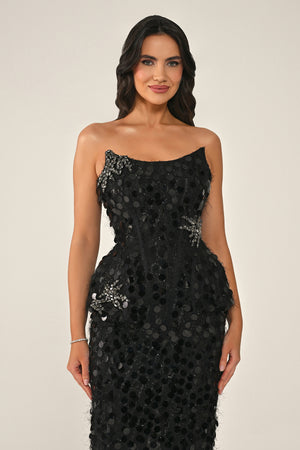 Strapless Beaded Feather Sequin Long Dress