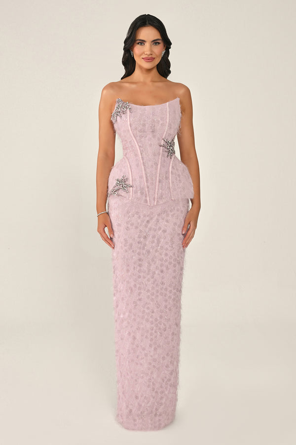 Strapless Beaded Feather Sequin Long Dress
