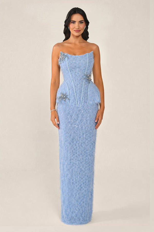 Strapless Beaded Feather Sequin Long Dress