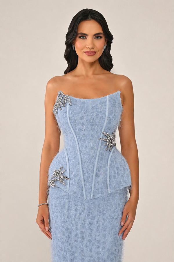 Strapless Beaded Feather Sequin Long Dress