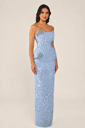 Strapless Beaded Feather Sequin Long Dress