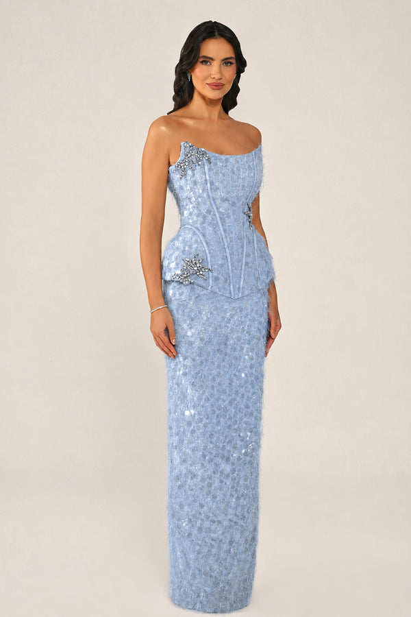 Strapless Beaded Feather Sequin Long Dress