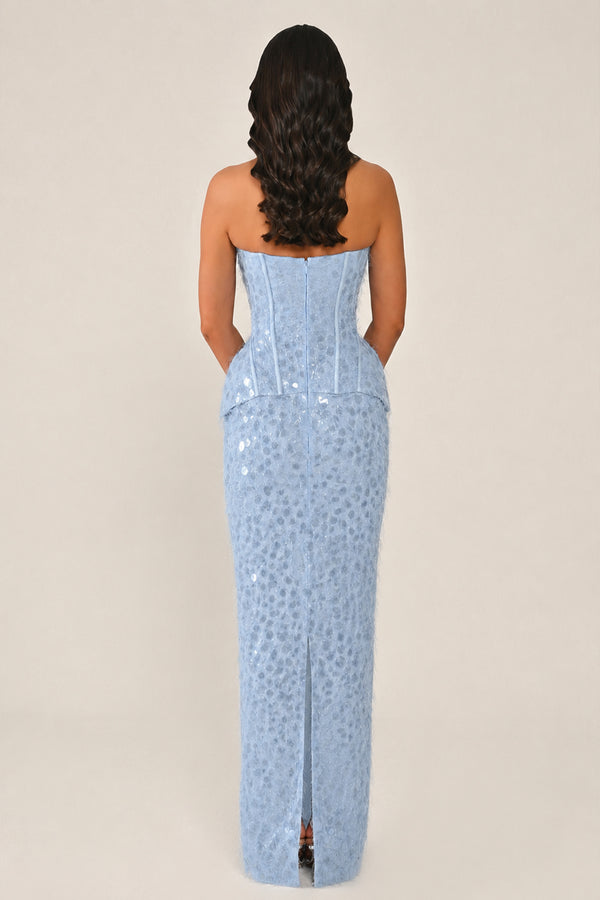 Strapless Beaded Feather Sequin Long Dress