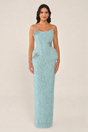 Strapless Beaded Feather Sequin Long Dress