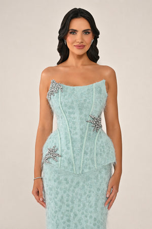 Strapless Beaded Feather Sequin Long Dress