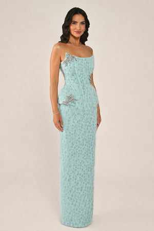 Strapless Beaded Feather Sequin Long Dress