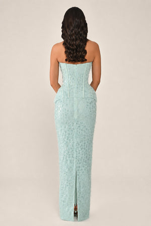 Strapless Beaded Feather Sequin Long Dress