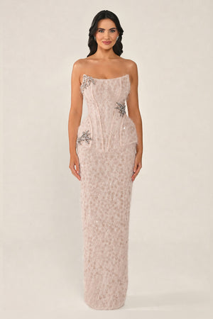 Strapless Beaded Feather Sequin Long Dress