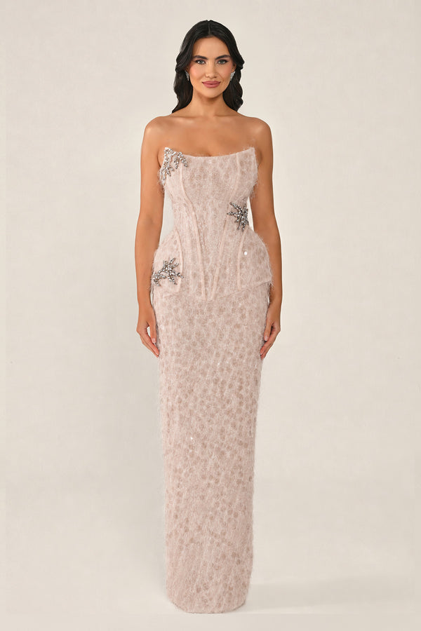 Strapless Beaded Feather Sequin Long Dress