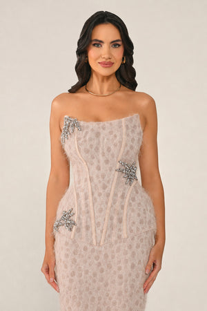Strapless Beaded Feather Sequin Long Dress