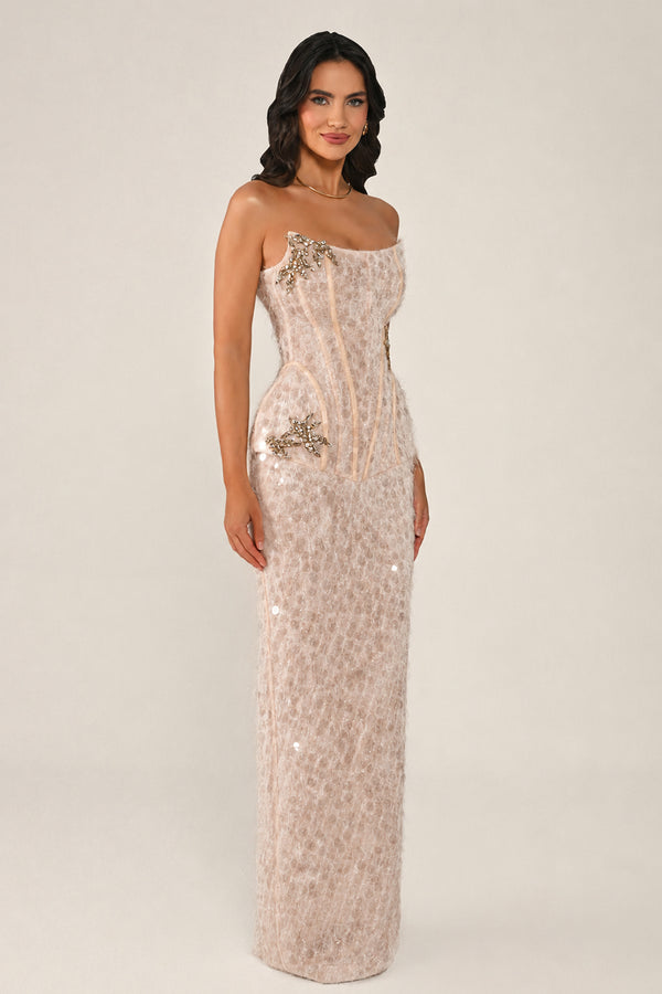 Strapless Beaded Feather Sequin Long Dress