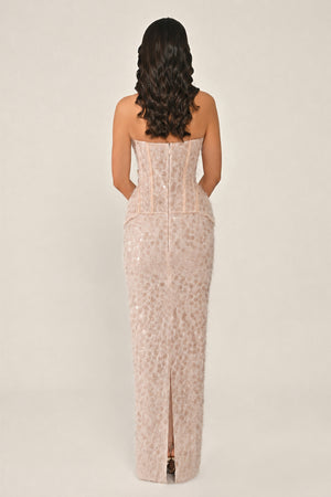 Strapless Beaded Feather Sequin Long Dress