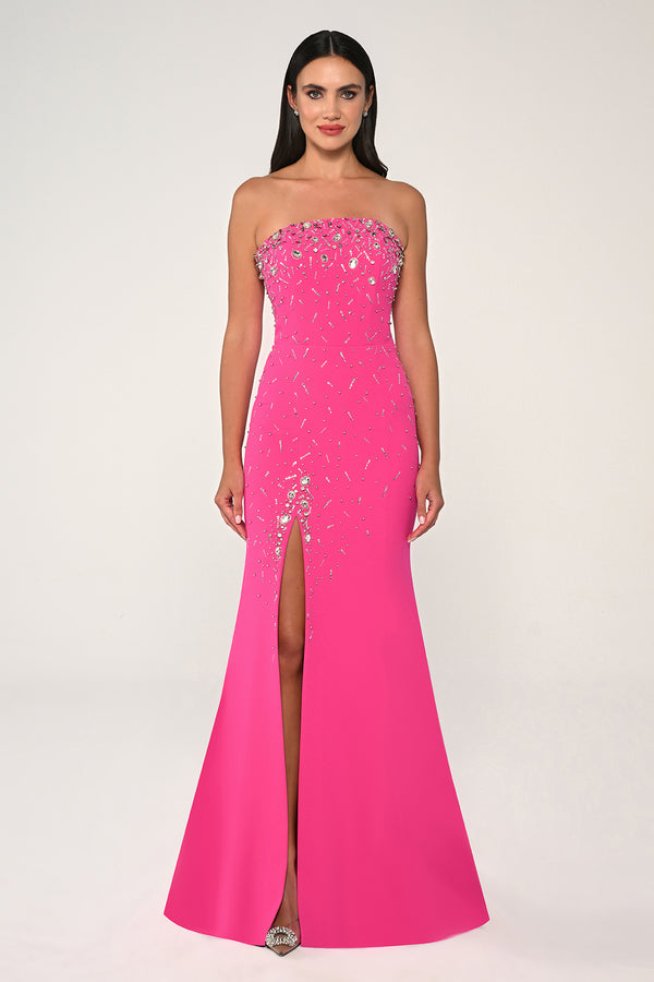Strapless Stone Embellished Crepe Long Dress