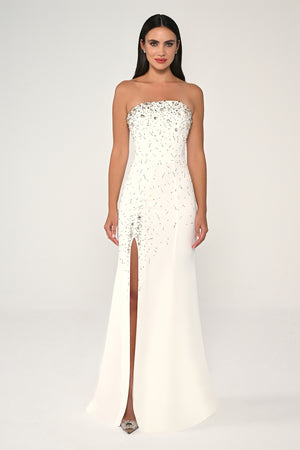 Strapless Stone Embellished Crepe Long Dress