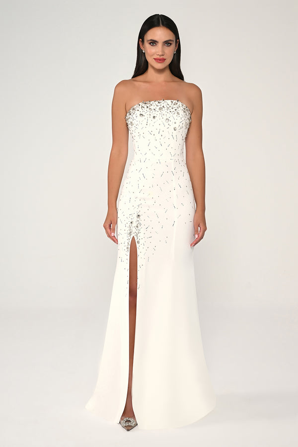 Strapless Stone Embellished Crepe Long Dress