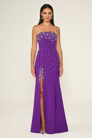 Strapless Stone Embellished Crepe Long Dress