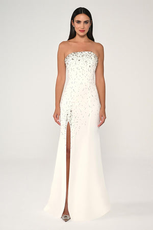 Strapless Stone Embellished Crepe Long Dress