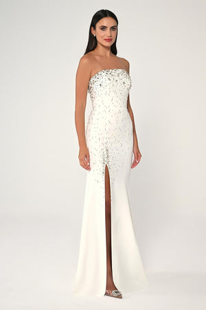Strapless Stone Embellished Crepe Long Dress
