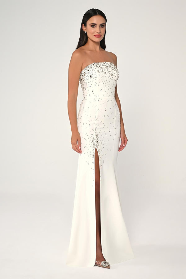 Strapless Stone Embellished Crepe Long Dress