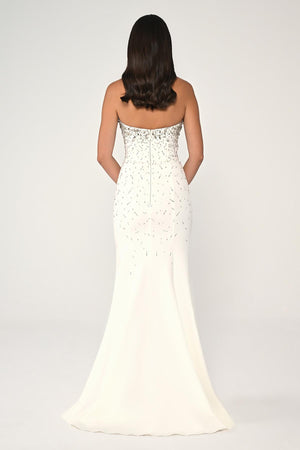Strapless Stone Embellished Crepe Long Dress