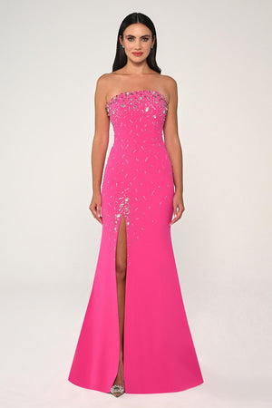 Strapless Stone Embellished Crepe Long Dress