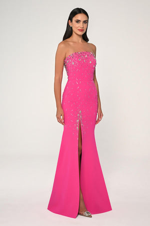 Strapless Stone Embellished Crepe Long Dress