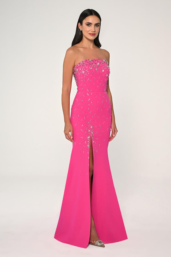 Strapless Stone Embellished Crepe Long Dress