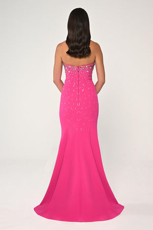 Strapless Stone Embellished Crepe Long Dress