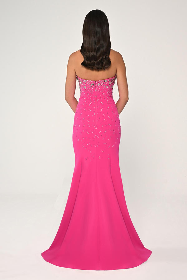 Strapless Stone Embellished Crepe Long Dress