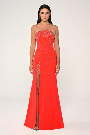 Strapless Stone Embellished Crepe Long Dress