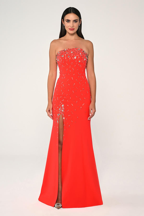 Strapless Stone Embellished Crepe Long Dress