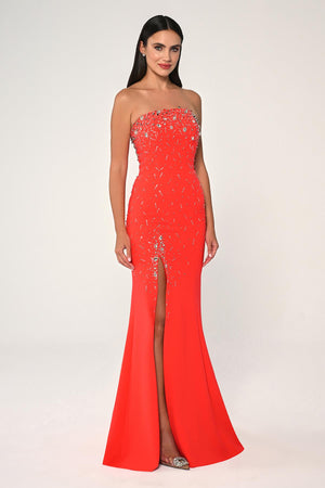 Strapless Stone Embellished Crepe Long Dress