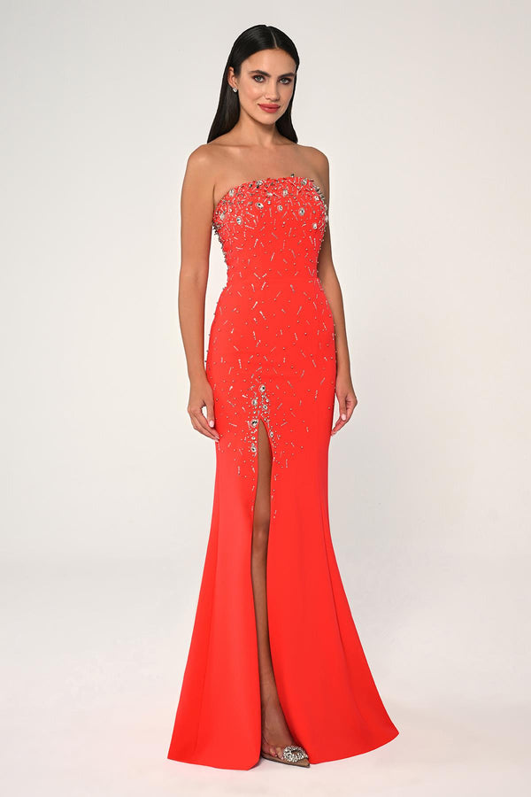 Strapless Stone Embellished Crepe Long Dress