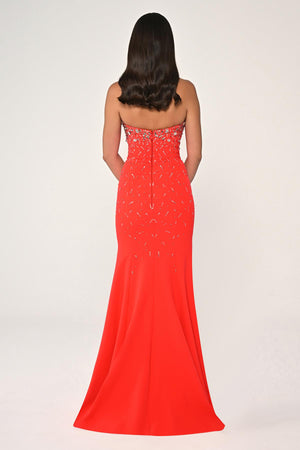 Strapless Stone Embellished Crepe Long Dress