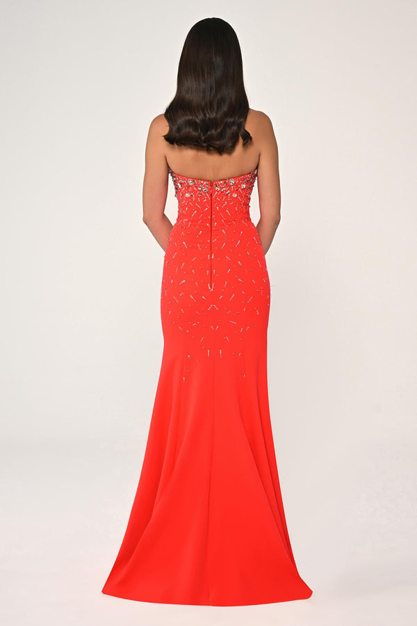 Strapless Stone Embellished Crepe Long Dress
