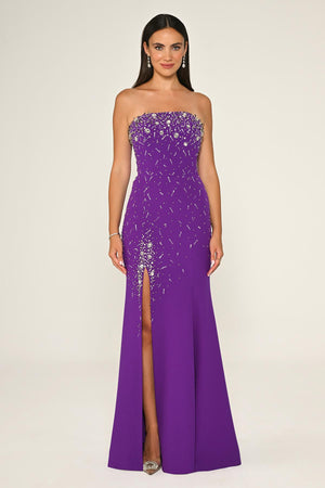 Strapless Stone Embellished Crepe Long Dress