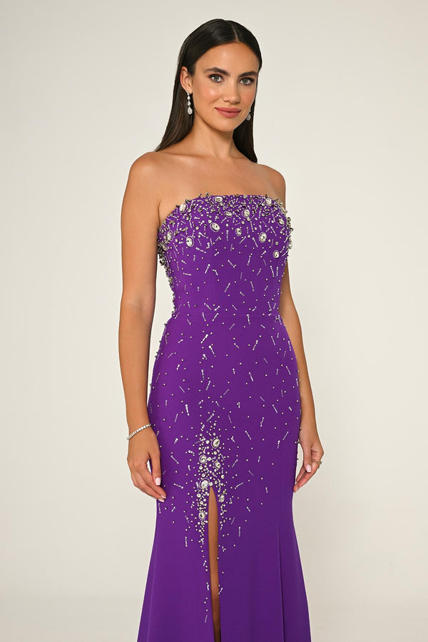 Strapless Stone Embellished Crepe Long Dress