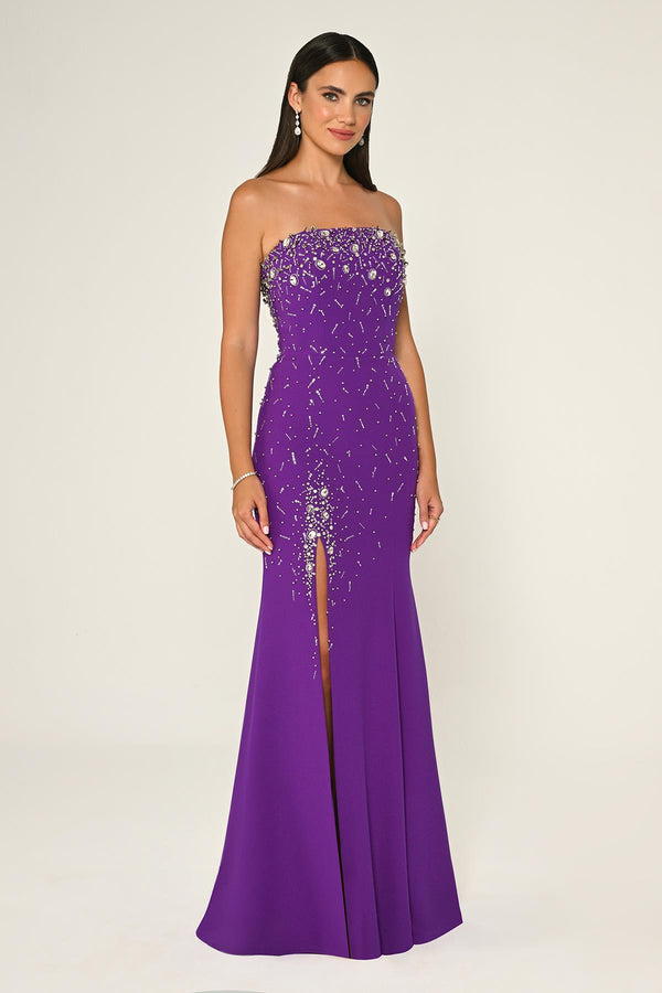 Strapless Stone Embellished Crepe Long Dress