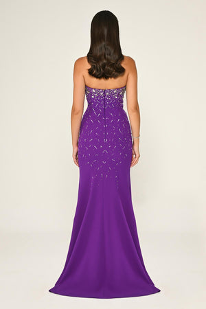 Strapless Stone Embellished Crepe Long Dress