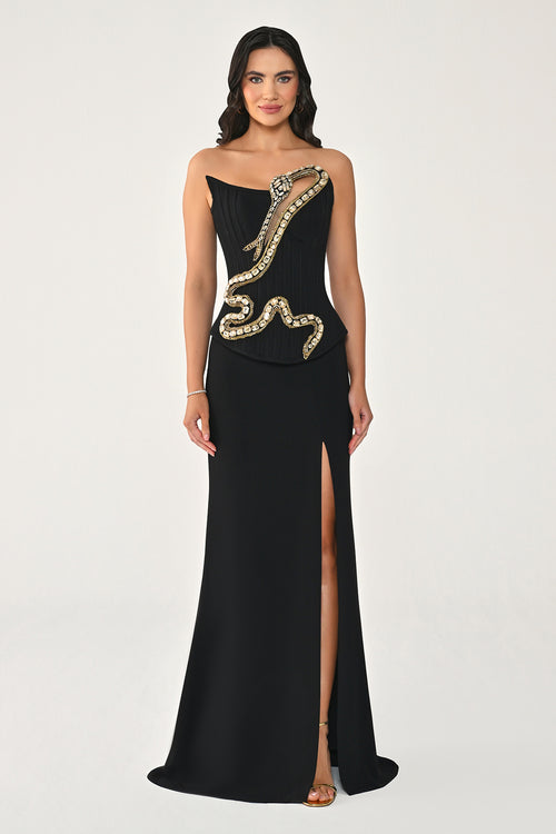 Strapless Stone-Embellished Snake-Accented Long Dress