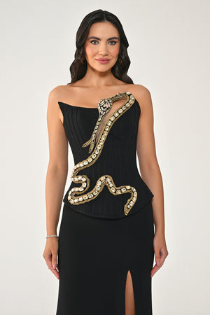 Strapless Stone-Embellished Snake-Accented Long Dress
