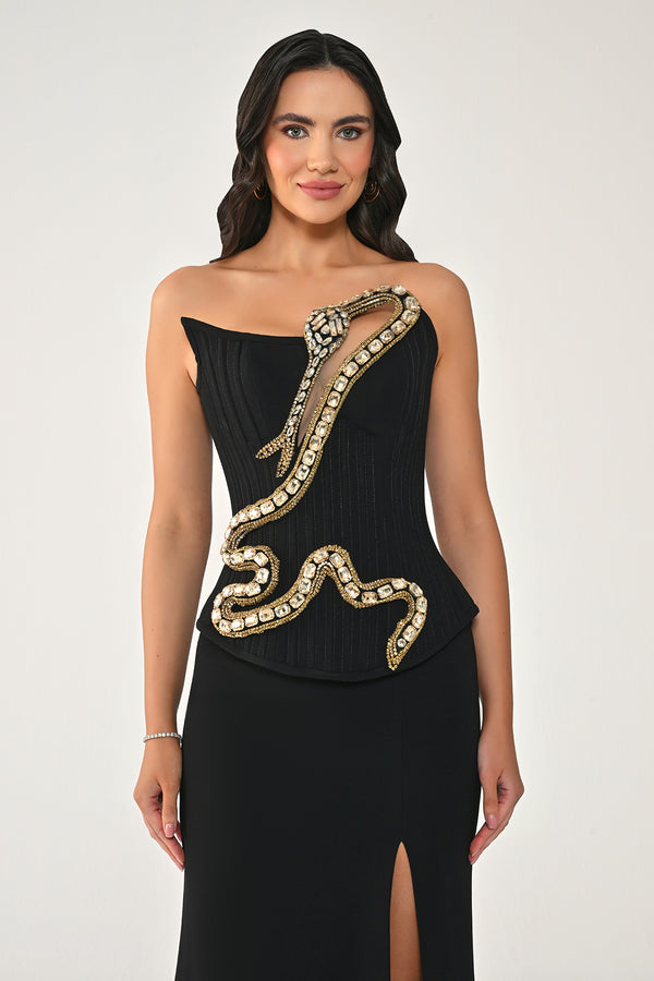 Strapless Stone-Embellished Snake-Accented Long Dress