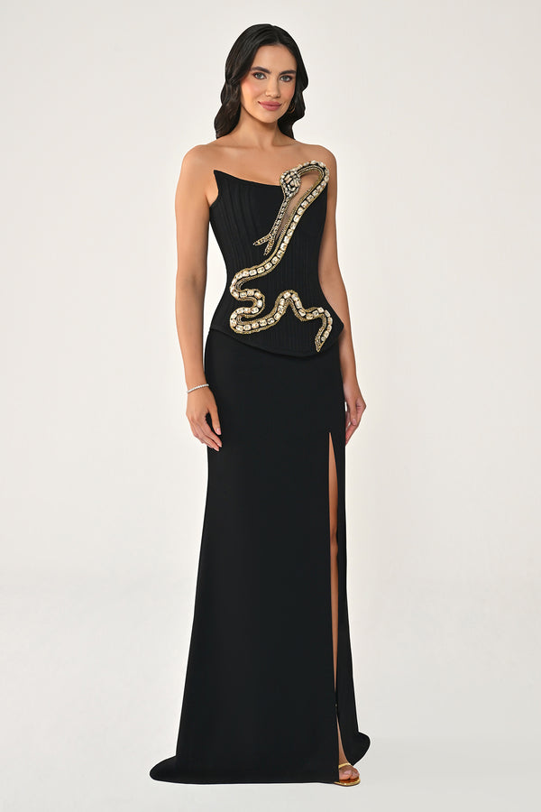Strapless Stone-Embellished Snake-Accented Long Dress