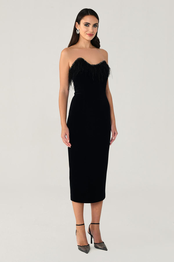 Strapless Feather Trim Velvet Midi Dress