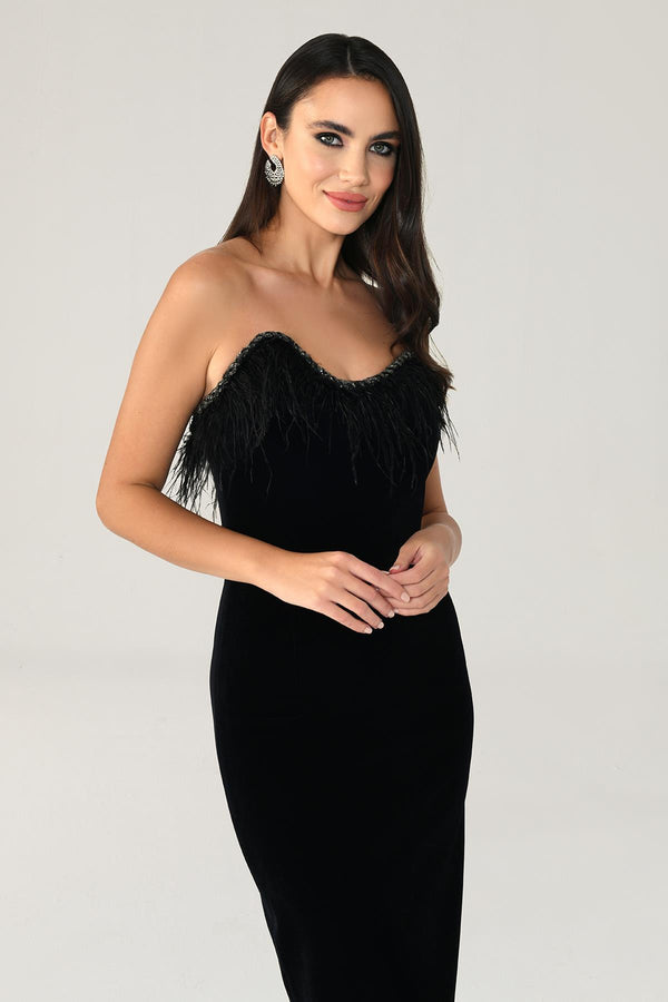 Strapless Feather Trim Velvet Midi Dress