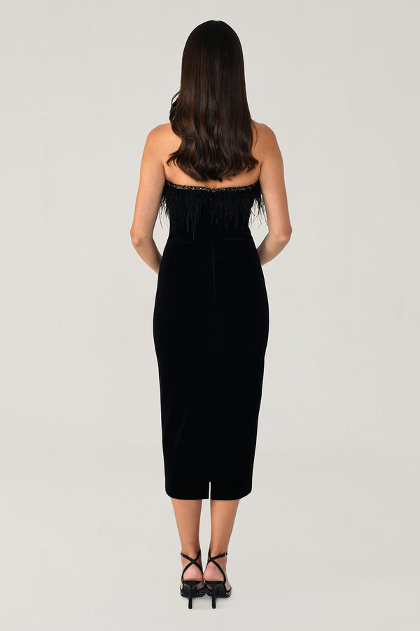 Strapless Feather Trim Velvet Midi Dress